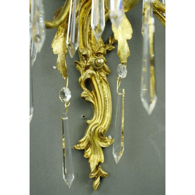 Pair of Vintage Restored French Gold Gilded Bronze & Crystal 3 Arm Wall Sconces For Sale - Image 11 of 12