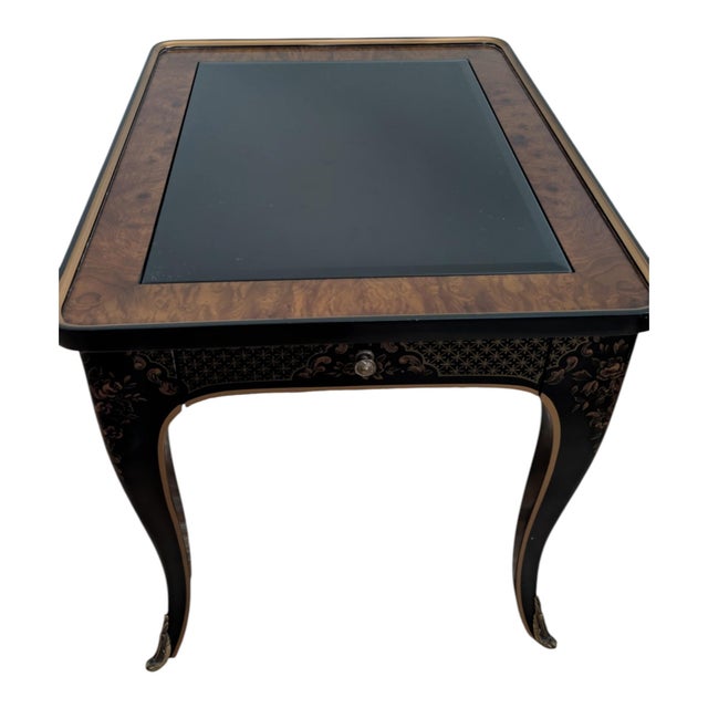 1970s Vintage Drexel Et Cetera Chinoiserie Side Table With Burl & Glass Insert For Sale - Image 5 of 12