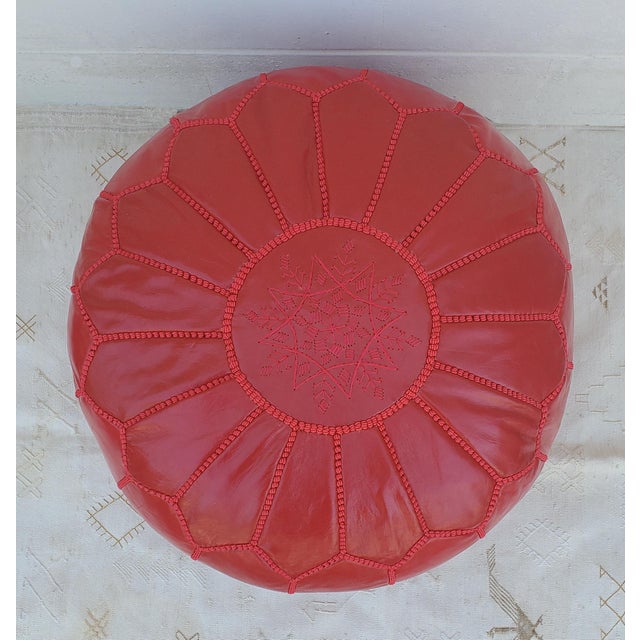 Moroccan Red Genuine Leather Pouf For Sale In Orlando - Image 6 of 7