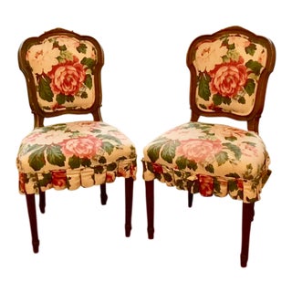 Floral Upholstered Side Chairs - A Pair Walnut Frame. For Sale