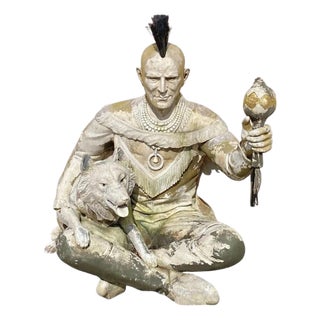 Vintage Life Size Native American Indian Fiberglass Seated Chief and Wolf Statue For Sale