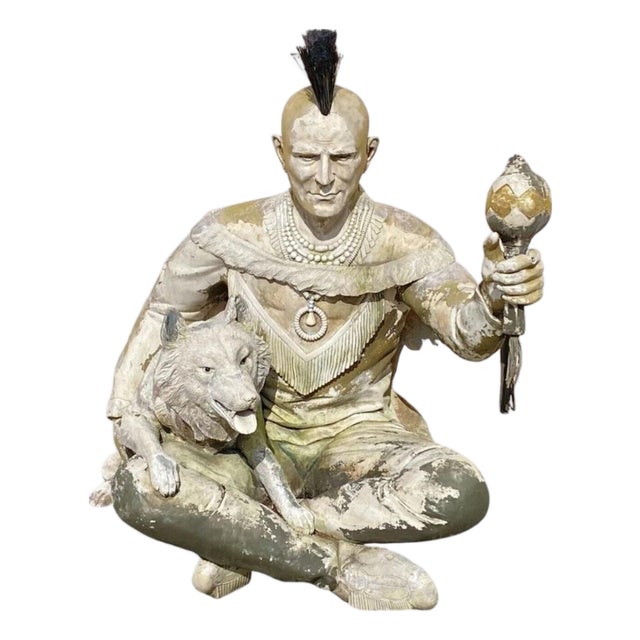 Vintage Life Size Native American Indian Fiberglass Seated Chief and Wolf Statue For Sale