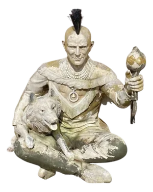 Vintage Life Size Native American Indian Fiberglass Seated Chief and Wolf Statue