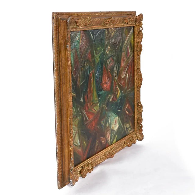 Abstract M Gargiulo 1959 Geometric Abstract Oil Painting in Ornate Vintage Gold Frame For Sale - Image 3 of 11