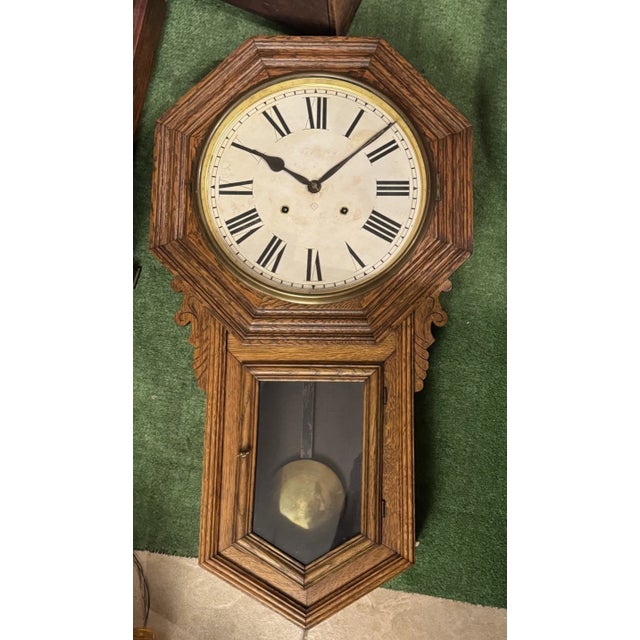 Victorian Antique Ansonia “Regulator A” Schoolhouse Style Regulator Wall Clock For Sale - Image 3 of 10