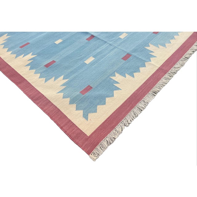 Casa Cosima Handmade Cotton Vegetable Dyed Rug, Sky Blue and Pink Geometric Dhurrie-8'x10' For Sale - Image 4 of 13
