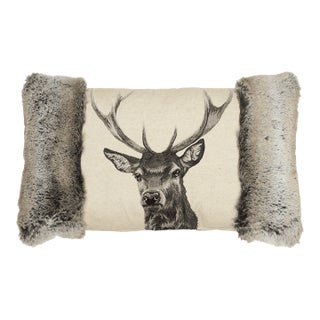Country Linen Stag With Faux Fur Cushion With Feather Filler - 33x60cm (13"x24") For Sale