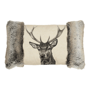 Country Linen Stag With Faux Fur Cushion With Feather Filler - 33x60cm (13"x24")
