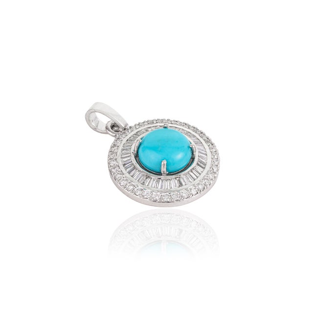 Certified 14k White Gold 1.46ct Round Turquoise & Baguette Diamond Halo Pendant For Sale - Image 4 of 16
