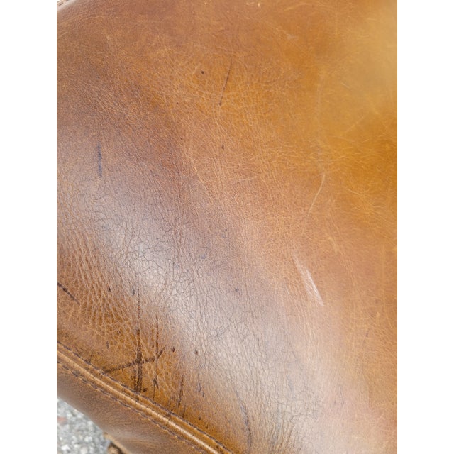 Vintage Genuine Leather Large Ralph Lauren Style Scalloped Camel Ottoman With Bullion Fringe For Sale - Image 14 of 17