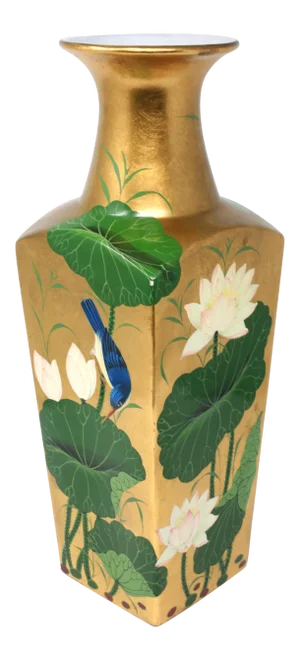 Vintage 18" Neiman Marcus Gold Leaf Vase With Kingfishers and Lotus Flowers