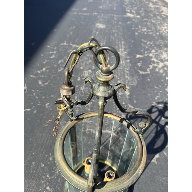 1950s 3-Light Brass & Belved Glass Cylinder Foyer Chandelier / Lantern For Sale In San Francisco - Image 6 of 12