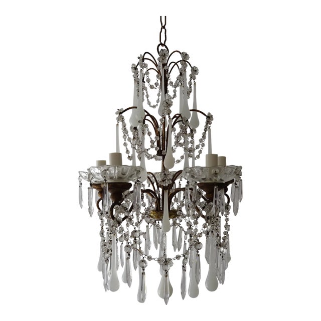 1930 French White Opaline Murano Drops Crystal Swags Darling Chandelier C. 1920 For Sale