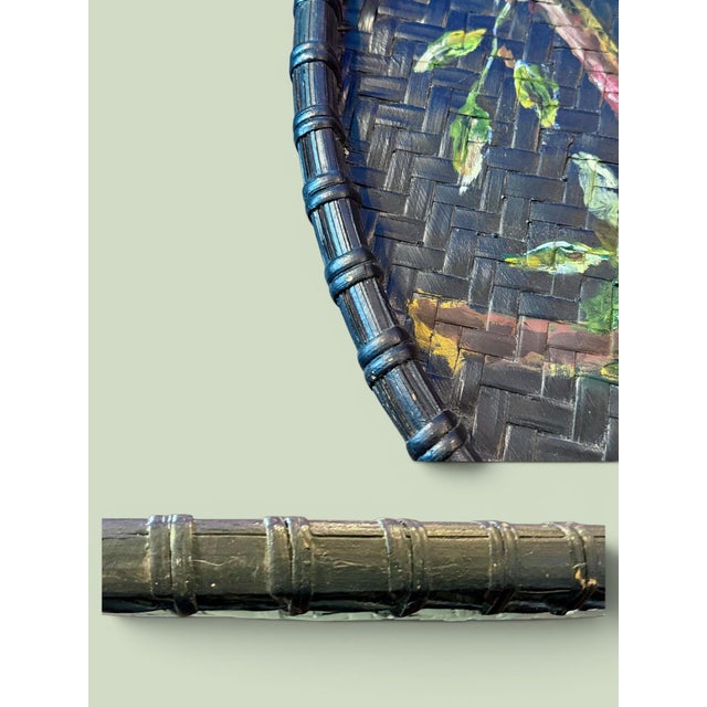 Late 20th Century Large Hand Painted Rattan Tray-Bird-Floral-27''-Boho-Chinoiserie-Wall-Bamboo For Sale - Image 5 of 11