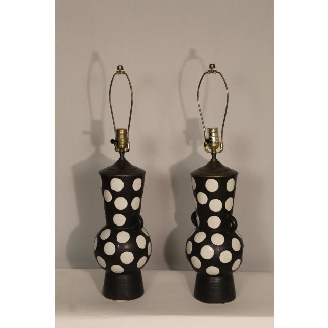 Lotte and Gunnar Bostlund Early 20th Century Lotte and Gunner Bostlund Style Ceramic Lamps - a Pair For Sale - Image 4 of 11