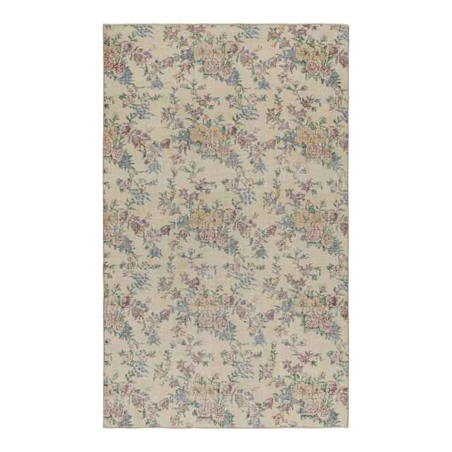 Vintage Zeki Müren Rug in Beige With Pastel Jewel-Tone Florals, From Rug & Kilim For Sale