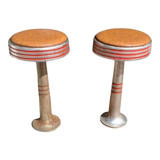 1940s Vintage, Chrome, Swivel, Soda Fountain Stools With Red Detail & Leather Seats - Set of 2 For Sale