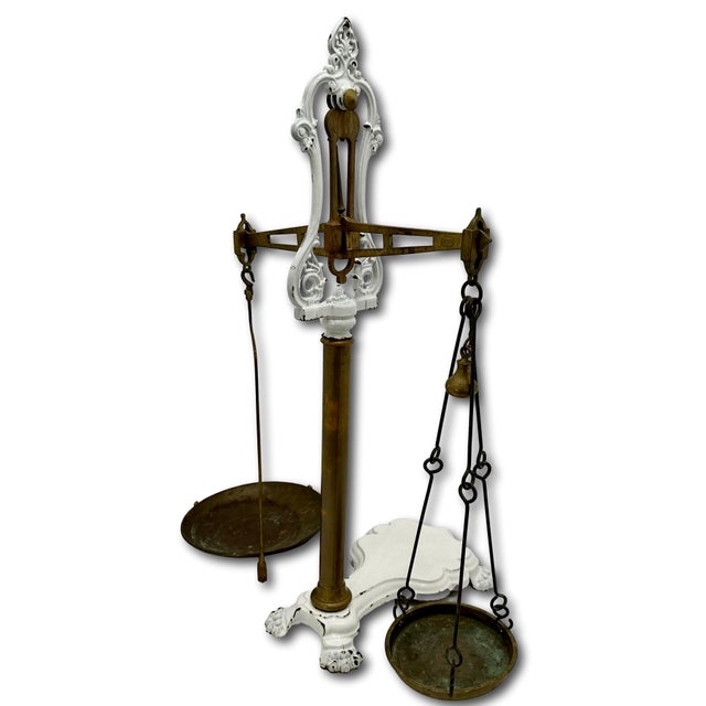 Very Large Size Antique Brass & Enameled Cast Iron Manchester England Wholesale Groceries Sellers Scale - 34 Inches Tall For Sale - Image 11 of 18