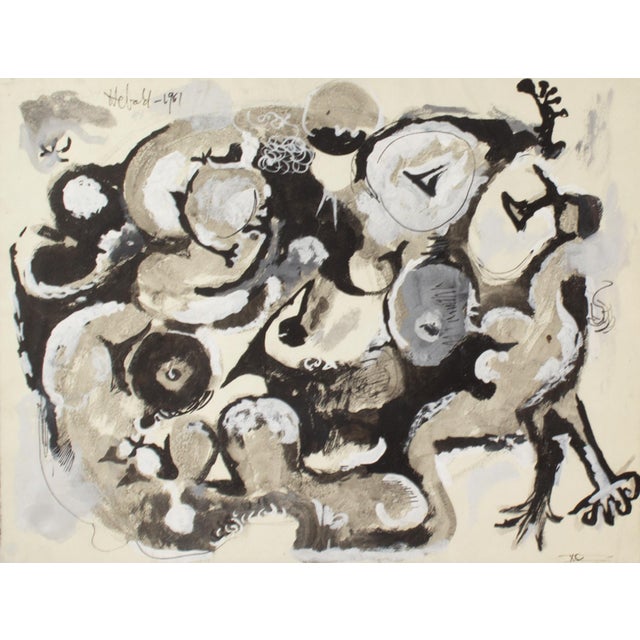 A 1961 gouache painting by the American artist Milton Hebald (1917-2015). Organic biomorphic forms twist and turn in this...