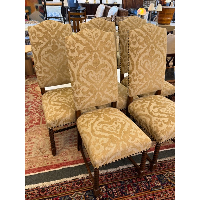Wood French Louis XIII Style High Back Damask Dining Chairs, Set of Six For Sale - Image 7 of 13