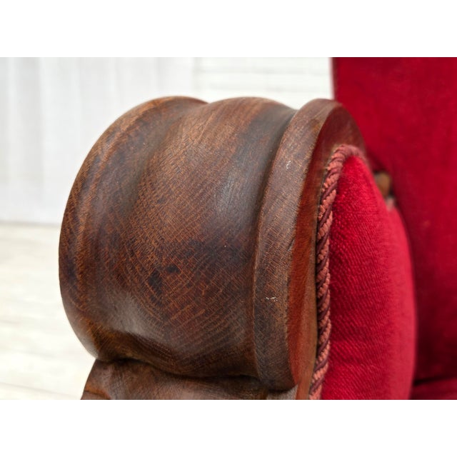 Red Danish Relax Armchair in Furniture Velour and Carved Oak Wood, 1950s For Sale - Image 8 of 18