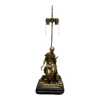 Antique Classic Style Spinning Woman & Greyhound Dog Brass Table Lamp For Sale