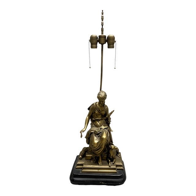 Antique Classic Style Spinning Woman & Greyhound Dog Brass Table Lamp For Sale