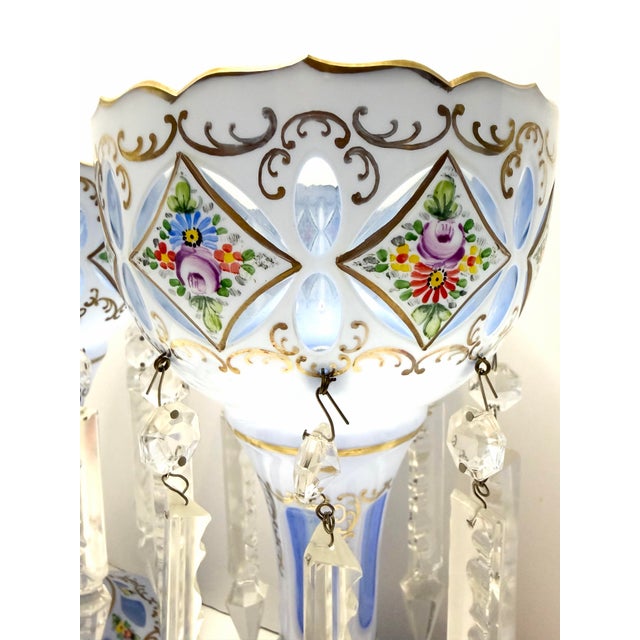 Baby Blue Antique Bohemian Czech Victorian Blue Opaline Glass Enamel Floral Lusters Pair For Sale - Image 8 of 12