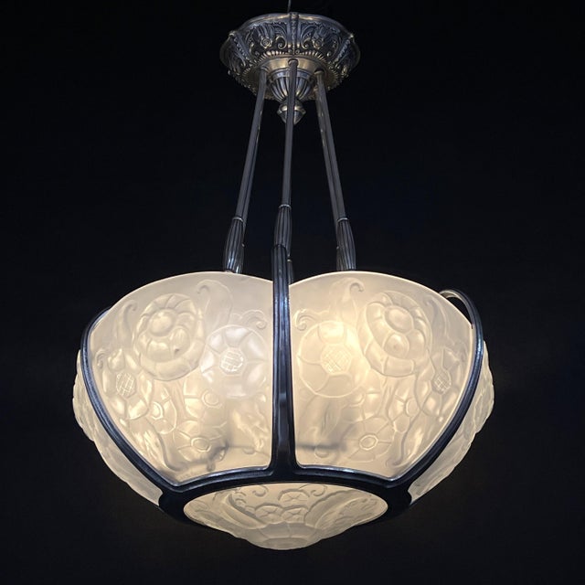 1920s Art Deco Nickel-Plated Chandelier attributed to Muller Freres, Luneville, 1930s For Sale - Image 5 of 14