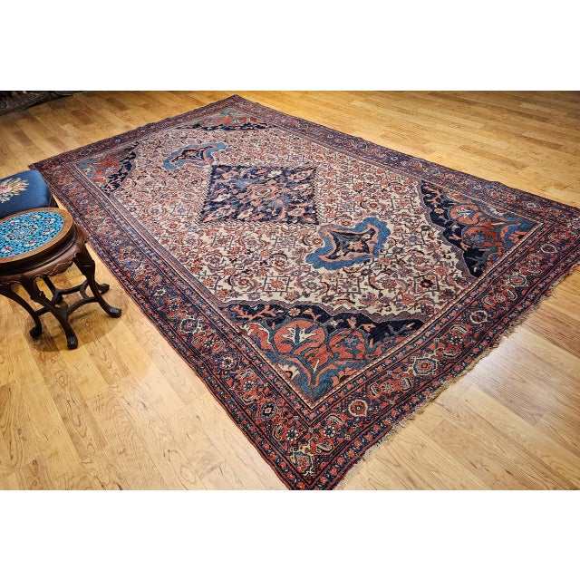 Textile Antique Persian Bidjar Rug, Hand-Knotted Wool, Herati Geometric Pattern, Ivory & Red, 7x12 For Sale - Image 7 of 18