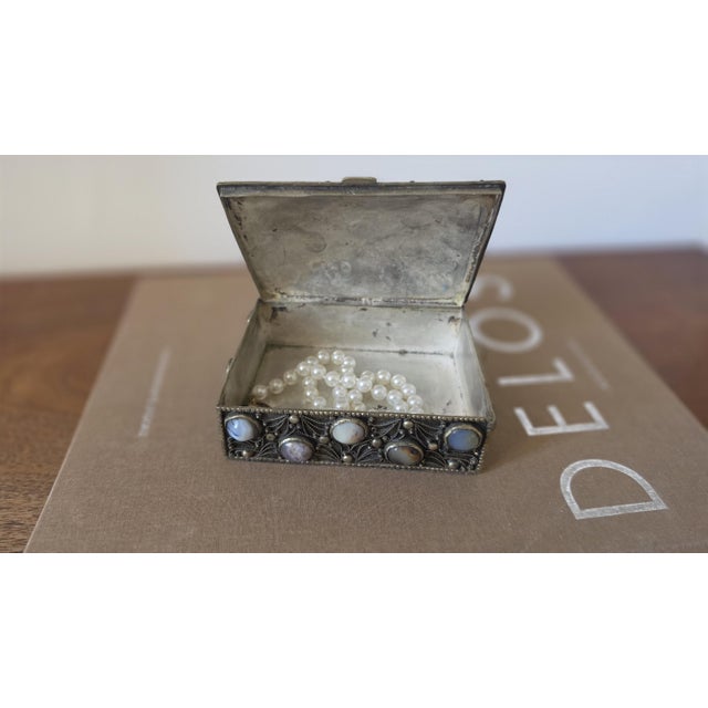 Folk Art Antique Folk Art Silverplate Jewelry Box With Agate Cabochons, Vintage Trinket Box, Ornate Filigree Keepsake, Boho Global Decor For Sale - Image 3 of 10
