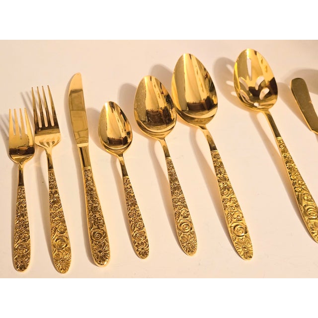 Mid-Century Hollywood Regency Gold Floral Flatware- Set of 72 For Sale - Image 12 of 18