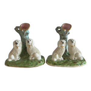 Pair Staffordshire Spaniel Mantle Dog Blue Green Spill Vases