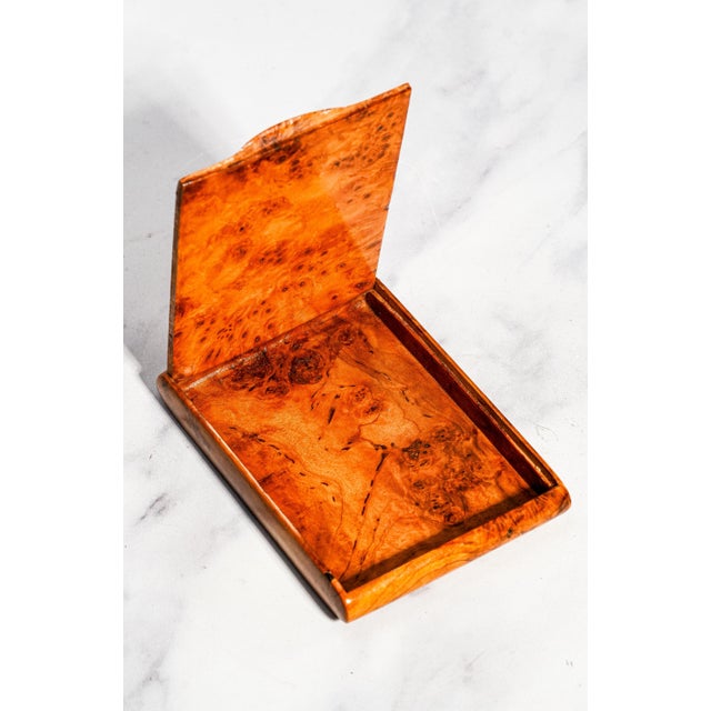 Wood Stately Antique Burl Wood Cigarette Case Interlocking Hinge Pocket & Desk Accessory Tobacciana For Sale - Image 7 of 11