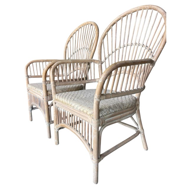 Vintage Coastal Rattan Fan Back Armchairs With Woven Seats, a Pair For Sale - Image 4 of 12