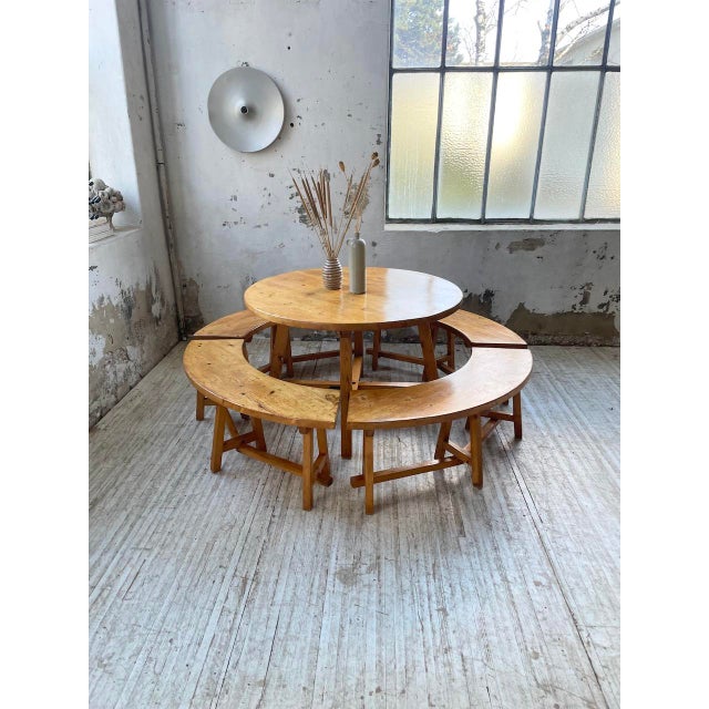Round Table Set and Rounded Benches, 1950s, Set of 5 For Sale - Image 3 of 18