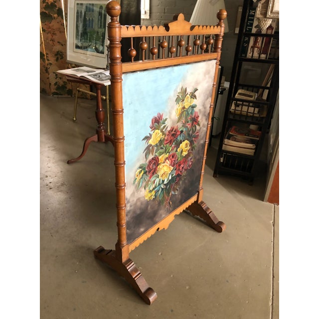 Antique Circa 1880-1890 Wood Summer Fireplace Screen. The screen is a painted floral still life on one side and antique...