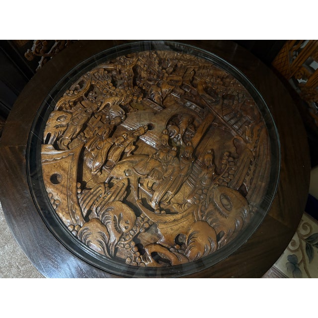 Mid-20th Century Hand-Carved Chinese Low Tea Table Set With 4 Nesting Stools & Matching Folding Screen - 6 Pieces For Sale - Image 9 of 12