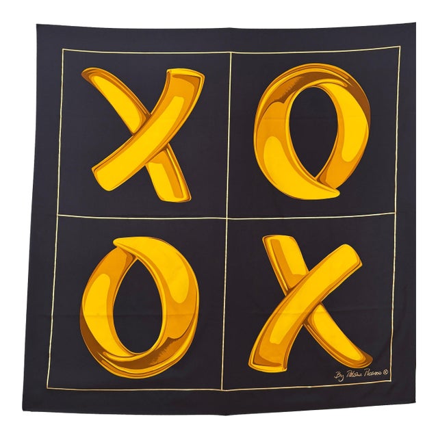Paloma Picasso "XOXO" Black and Gold Silk Scarf Italy For Sale