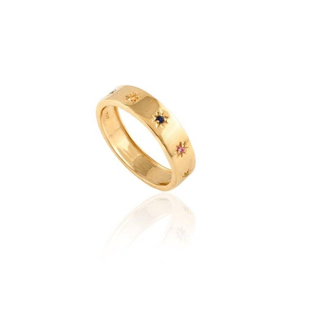 Contemporary Starburst Multi Sapphire Studded Band Ring in 18k Solid Yellow Gold Size 5.5 For Sale - Image 3 of 6