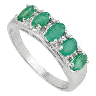 Five Stone Oval 1.38 Ct Emerald & Diamond Half Eternity Band Ring in 925 Silver Size 8 For Sale
