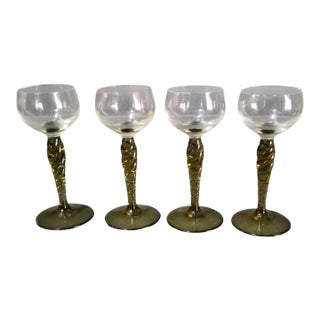 Vintage Four Venetian Hand Blown Twisted Olive Green Glass Stem Liquor Glasses For Sale