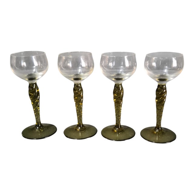 Vintage Four Venetian Hand Blown Twisted Olive Green Glass Stem Liquor Glasses For Sale