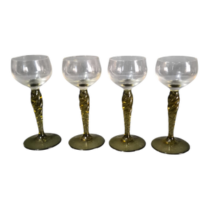 Vintage Four Venetian Hand Blown Twisted Olive Green Glass Stem Liquor Glasses