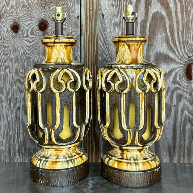 Mid 20th Century Mid 20th Century Vintage Mid-Century Modern Glazed Ceramic Lamps - a Pair For Sale - Image 5 of 8