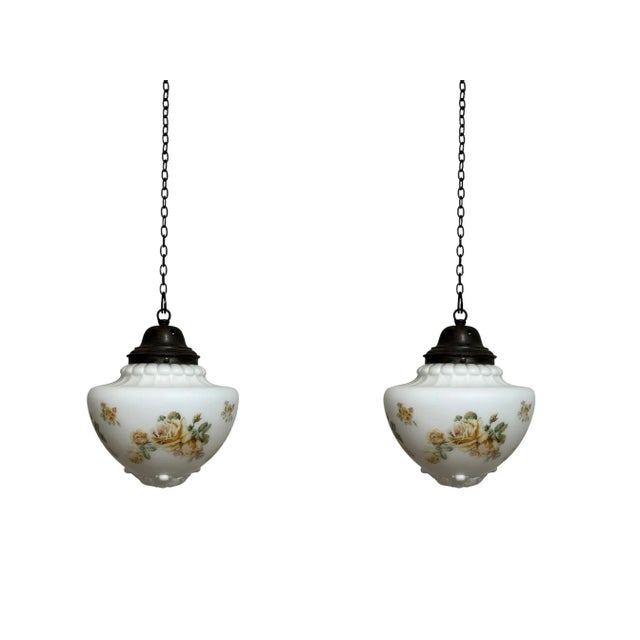 - A beautiful pair of Edwardian satin opaline ceiling pendants with floral decoration, England circa 1910. - Lovely...