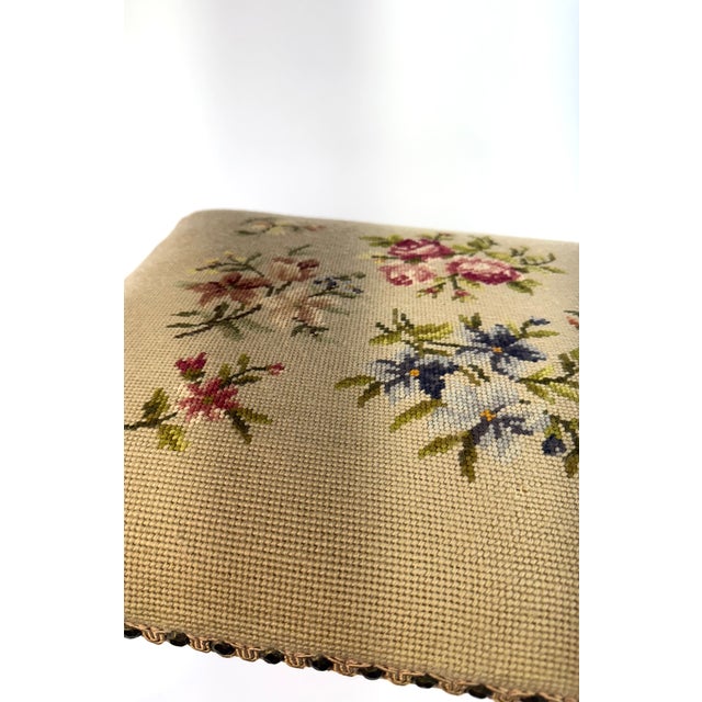Wood Vintage English Needlepoint Upholstered Footstool With Queen Anne Legs For Sale - Image 7 of 10
