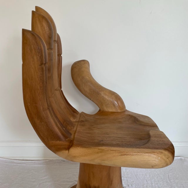 Boho Chic 1970s Buddha Hand Carved Wooden Chair For Sale - Image 3 of 12