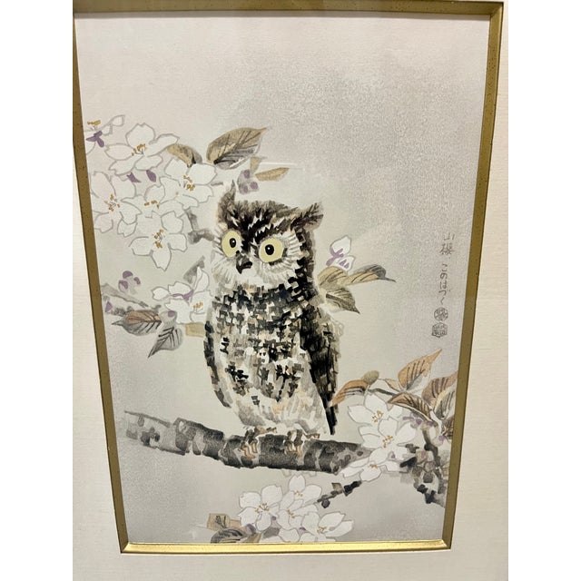 A charming vintage Japanese owl wood block print depicting a wide-eyed owl perched on a flowering branch, rendered in a...