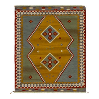 1980s Vintage Sofreh Kilim Rug in Blue, Green, Gold Tribal Pattern For Sale